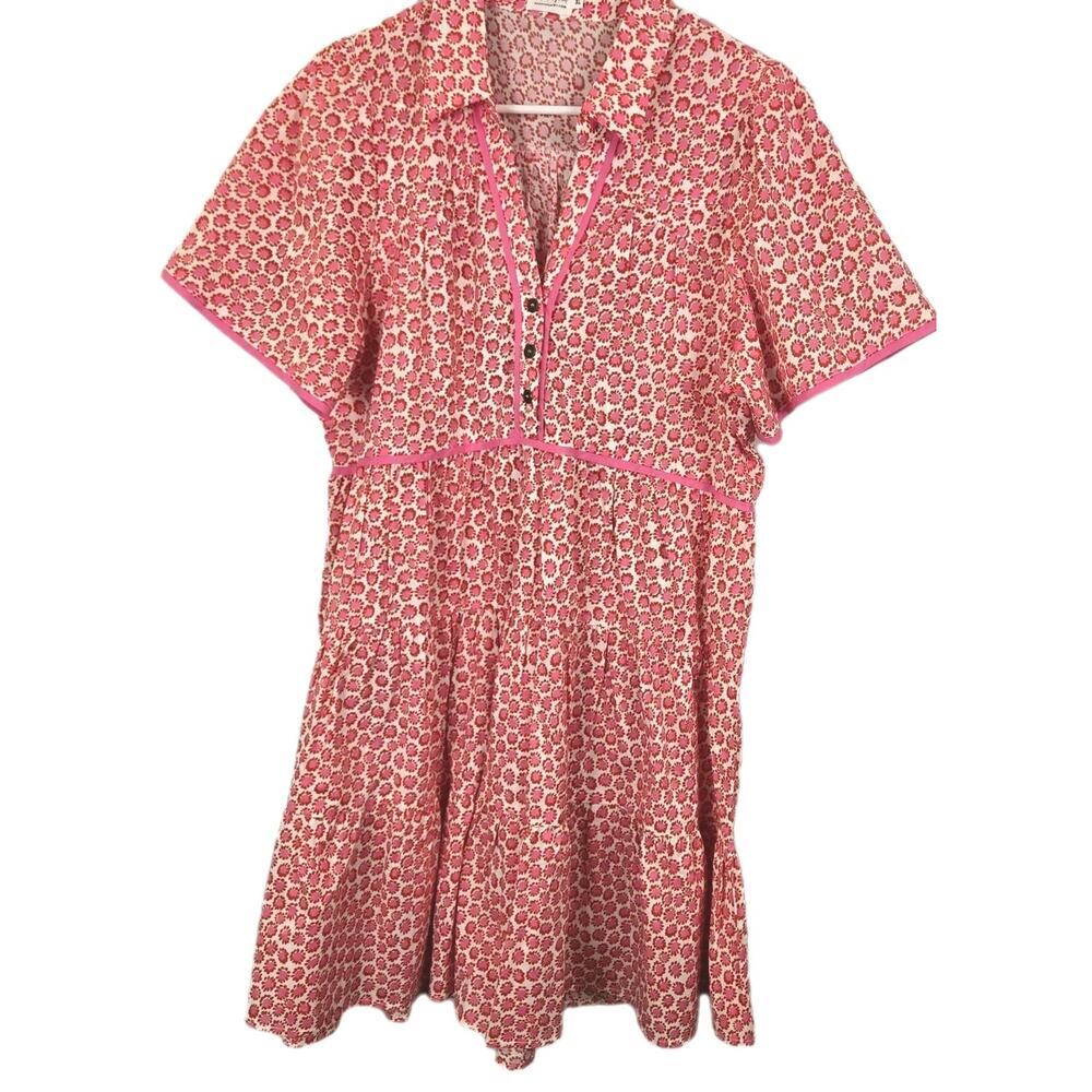 Pink Printed Short-Sleeve Midi Dress with Button Placket